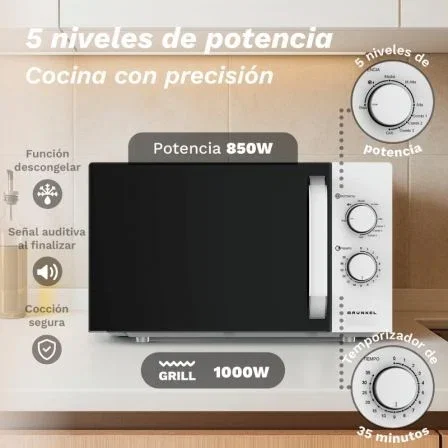 Grunkel MWG-25GRILL - Microondas con Grill 25 Litros, 850W Microondas + 1000W Grill, 5 Niveles Potencia, Función Descongelar, Temporizador 35 Min, Bandeja Cristal, Blanco Grunkel MWG-25GRILL - Microondas con Grill 25 Litros, 850W Microondas + 1000W Grill, 5 Niveles Potencia, Función Descongelar, Temporizador 35 Min, Bandeja Cristal, Blanco